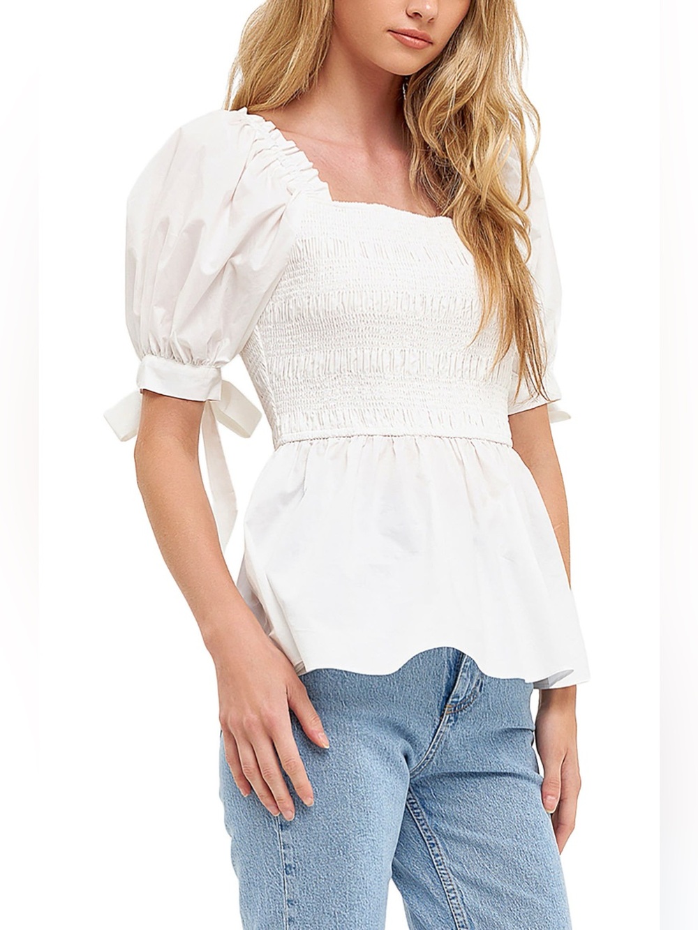 New! English Factory Smocked Bow Tie Puff Sleeve Peplum Blouse Womens Size 2X